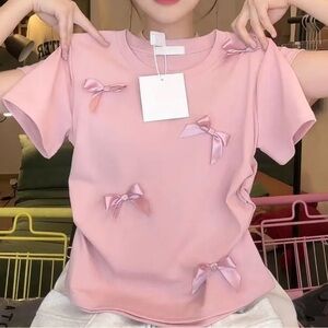 Pink Bow-Embellished Women's Top